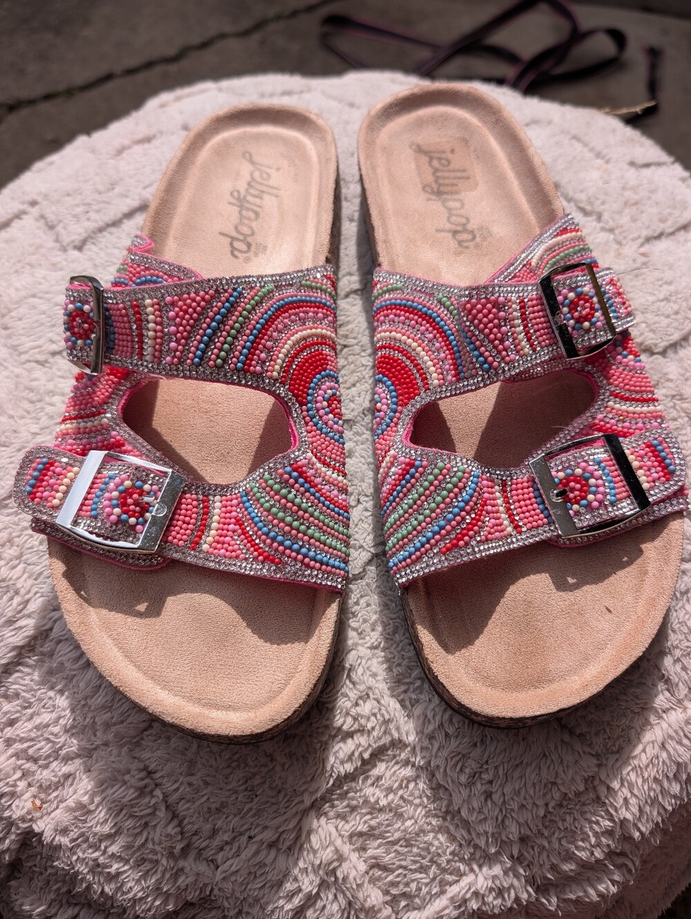 Jellypop Pink Multicolor Beaded Double Buckle Slide Sandals Size 11